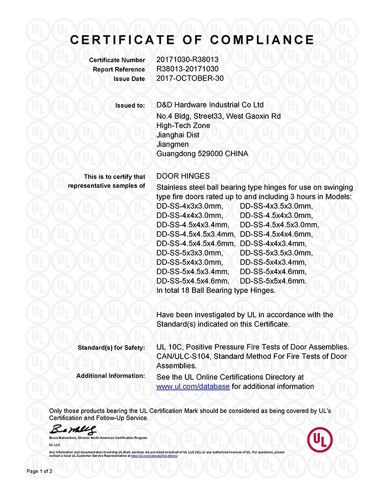 UL-Zertifikat SUS304 Feuer Türscharnier für Metall Tür-DDSS003-FR
